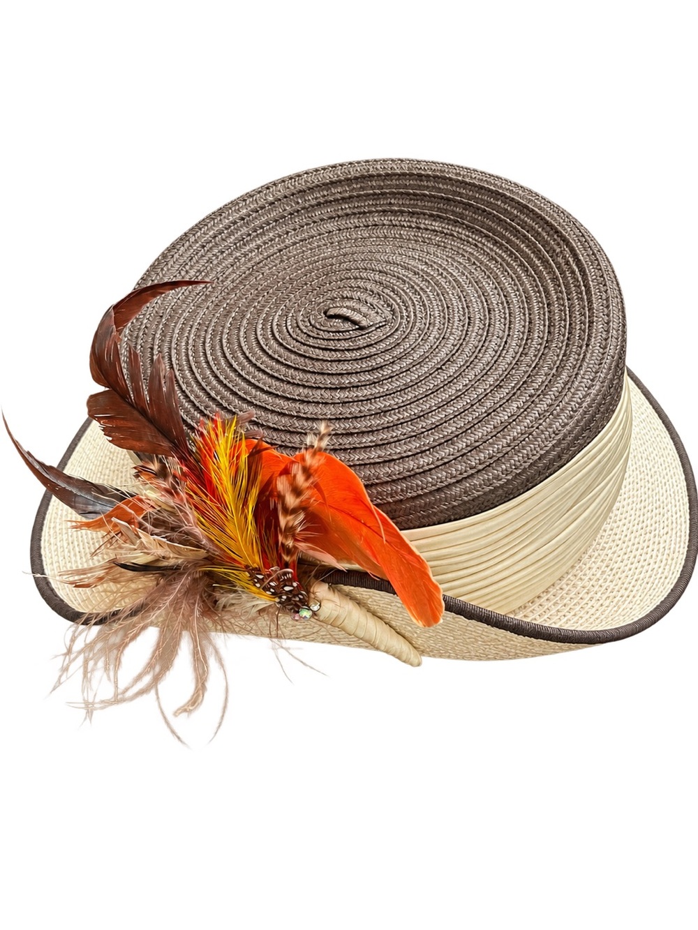 Peggy Earle’s Original Women’s Woven Feather Hat Brown Cream Size 7 Medium